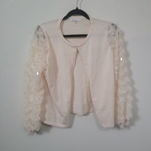 Siani Milano M Cardigan Womens Cream Sequin Fringe Textured Sleeve Open Front